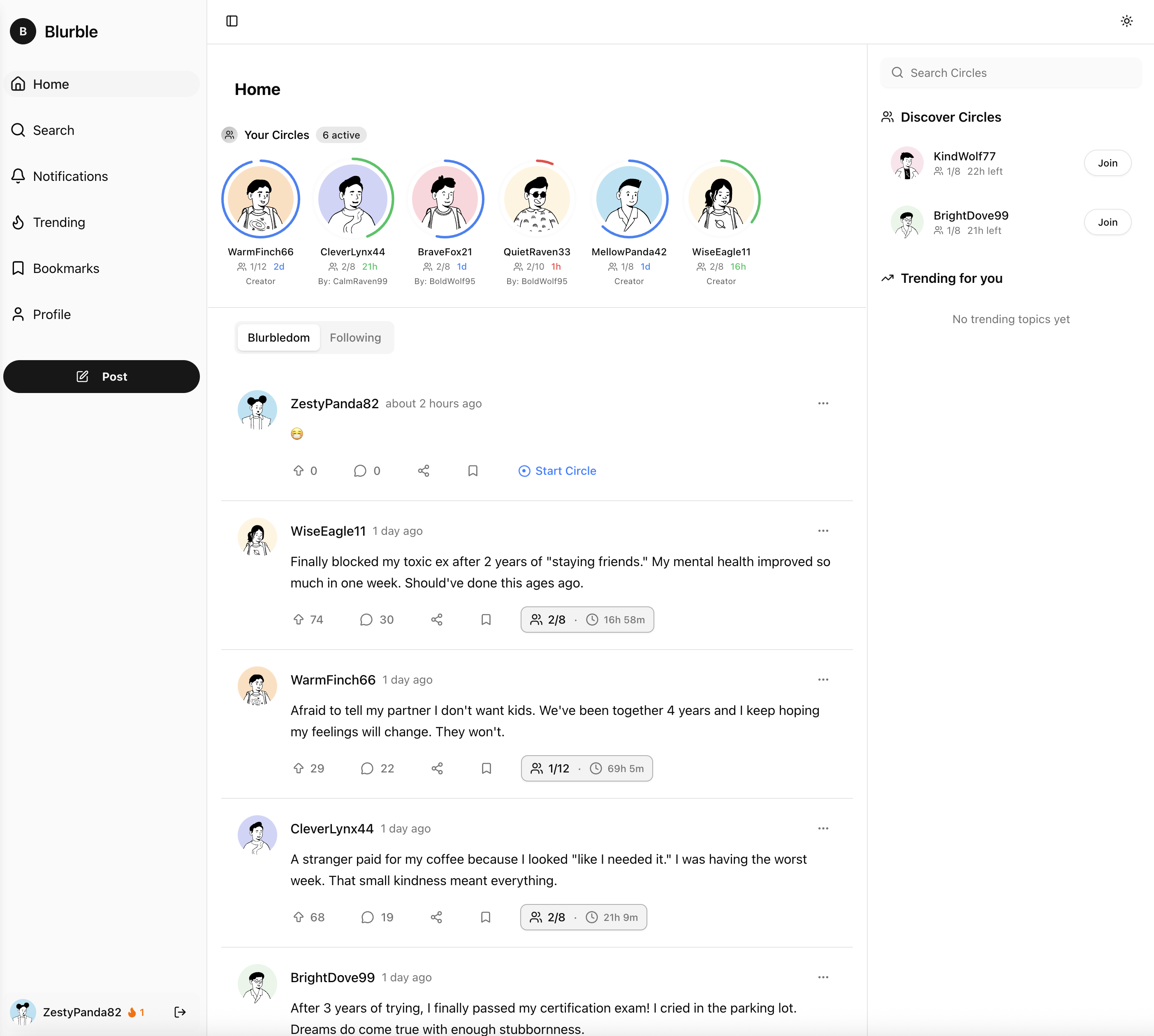 Blurble app showing Support Circles feature - posts with circle counts and Start Circle buttons