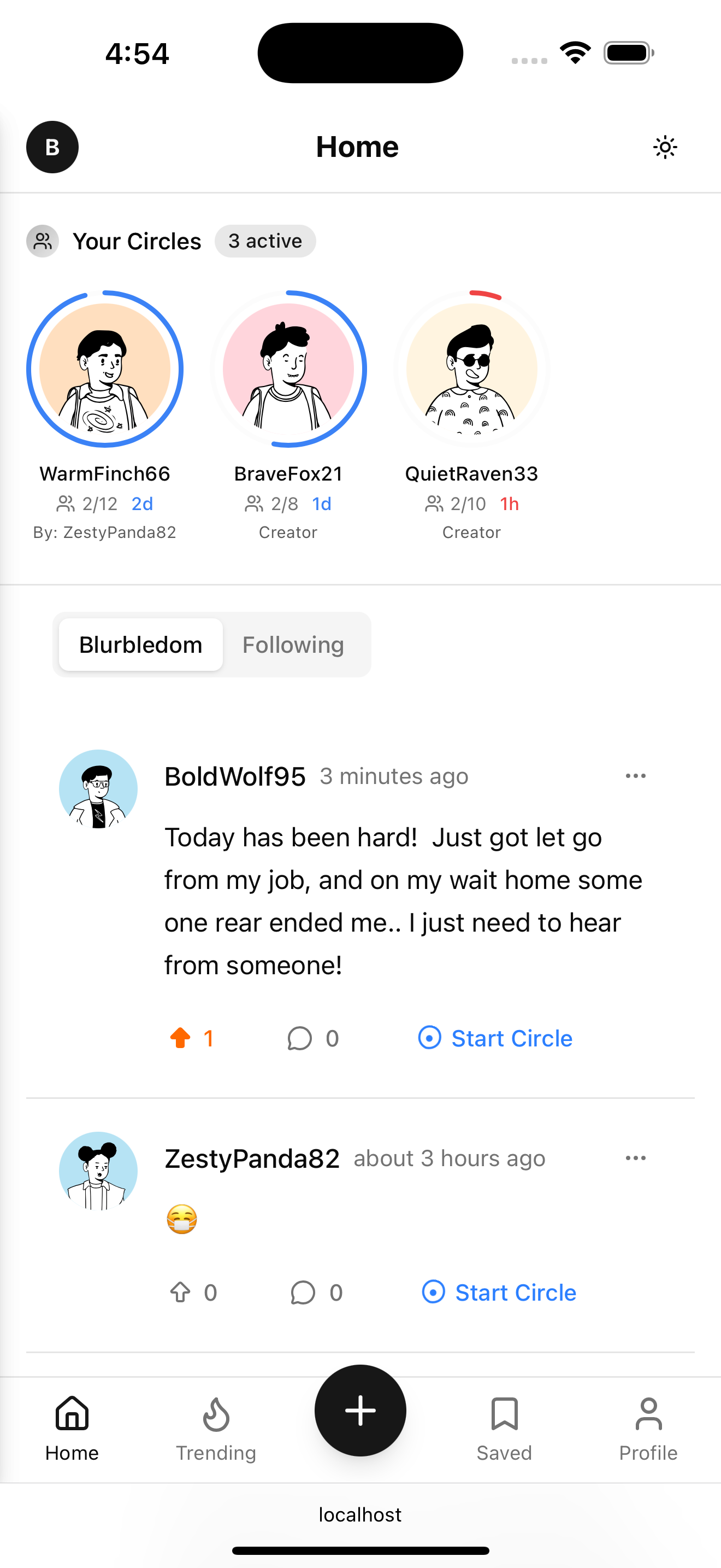 Blurble mobile app showing Your Circles with 3 active circles and Start Circle buttons